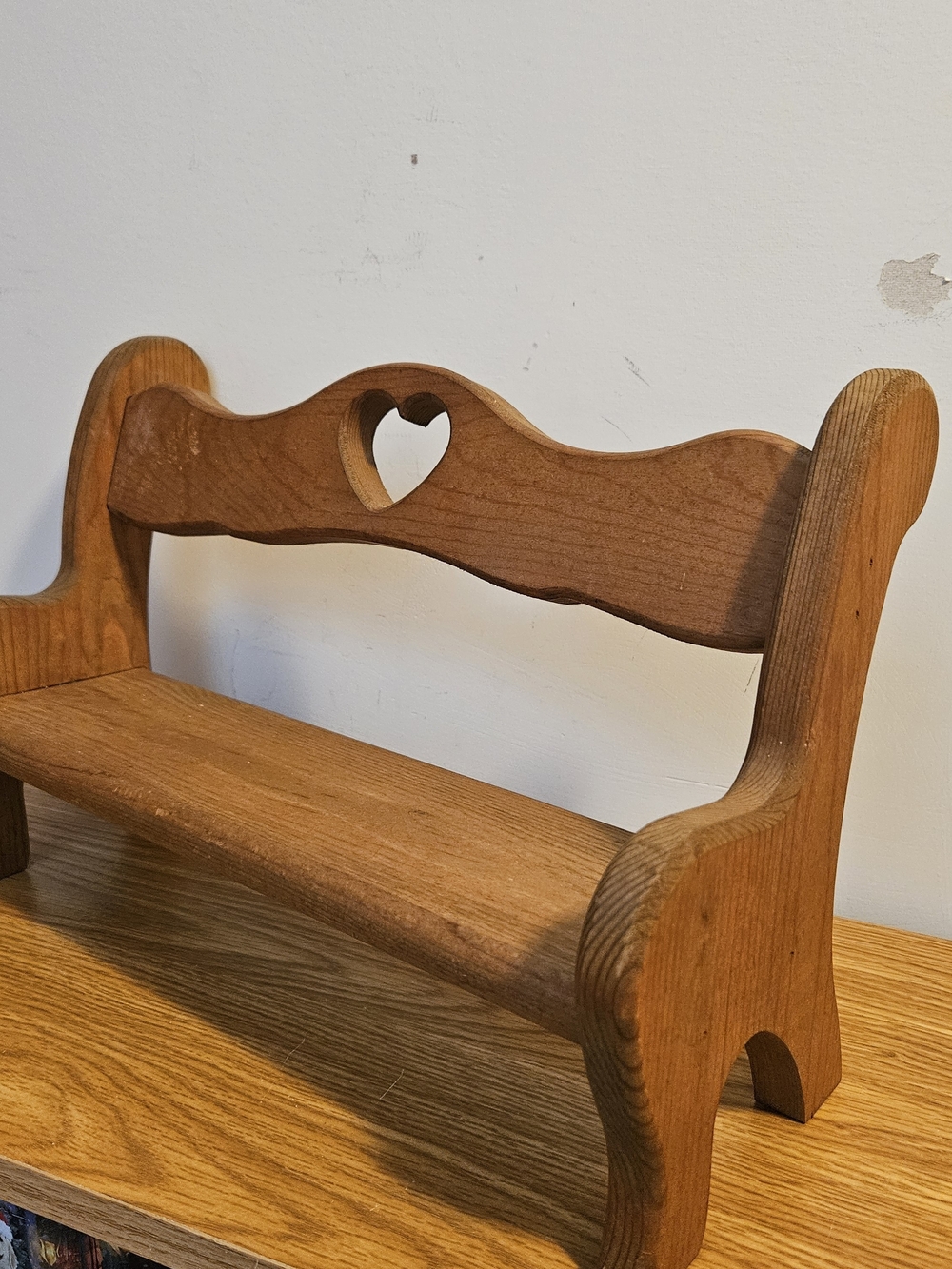 Vintage Rustic Wooden Doll Display Bench with Heart Cutout